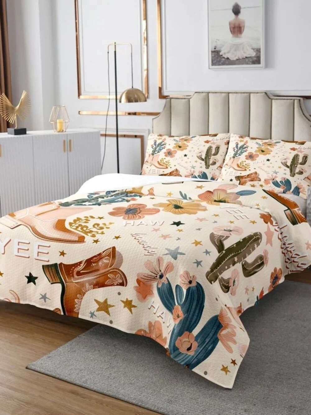 Cowboy Bedspread Twin Size, Cowboy Boots Coverlet Set for Kids Girls Bedroom Dec
